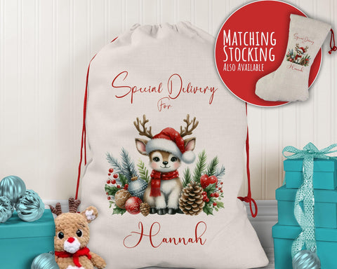 Personalised Christmas Sack - Santa Sack for Kids Presents Xmas Reindeer Pine Cone Design Stocking Christmas Eve Bag for Girls & Boys XS016