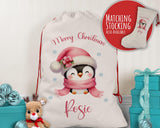 Personalised Christmas Sack - Santa Sack for Kids Presents Xmas Cute Penguin Design Stocking Christmas Eve Bag Box for Girls & Boys XS044