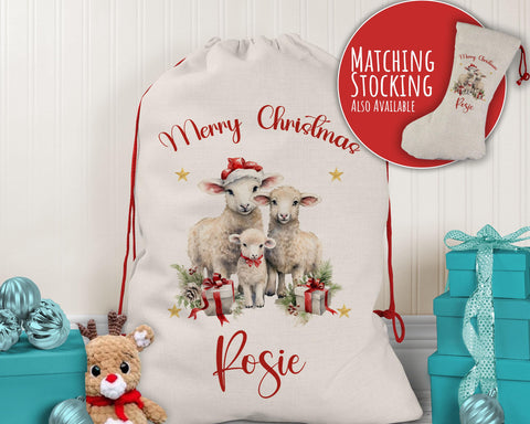 Personalised Christmas Sack - Santa Sack for Kids Presents Xmas Cute Sheep Lamb Design Stocking Christmas Eve Bag for Girls & Boys XS061