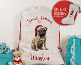 Personalised Pug Dog Large Christmas Sack - Red Drawstring Bag for Xmas Presents - Christmas Eve Bag Box Decoration for Dogs XS139