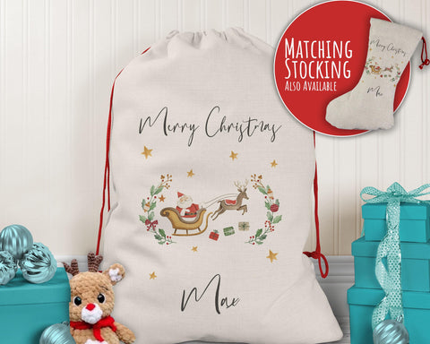 Personalised Large Christmas Sack Xmas Santa Sleigh Reindeer Name Stocking Star Gift Sack Red Drawstring Christmas Decoration SK167