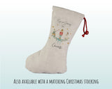 A white Christmas stocking with a nutcracker and a nutcracker girl design, along with the text "Spinach Delivery for Charlotte" and the caption "Also available with a matching Christmas stocking".