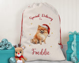 Personalised Pomeranian Large Christmas Sack - Red Drawstring Bag for Xmas Presents - Christmas Eve Bag Box Decoration for Dogs XS137