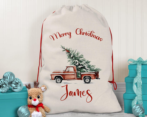 Personalised Christmas Sack - Santa Sack for Kids Presents Xmas Tree and Truck Design Stocking Christmas Eve Bag Box for Girls & Boys XS049