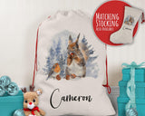 Personalised Large Christmas Sack Robin and Squirrel Design Xmas Stocking Gift Rudolph Sack Red Drawstring Christmas Decoration SK073