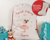 Personalised Christmas Sack - Santa Sack for Kids Presents Xmas Pink Ballerina Design Stocking Christmas Eve Bag Box for Girls & Boys XS007