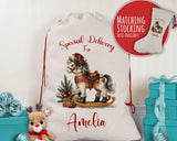 Personalised Christmas Sack - Santa Sack for Kids Presents Xmas Rocking Horse Design Stocking Christmas Eve Bag Box for Girls & Boys XS026