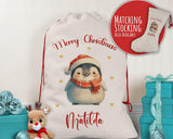 Personalised Christmas Sack - Santa Sack for Kids Presents Xmas Cute Penguin Design Stocking Christmas Eve Bag Box for Girls & Boys XS033
