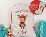 Personalised Christmas Sack - Santa Sack for Kids Presents Xmas Cute Reindeer Design Stocking Christmas Eve Bag Box for Girls & Boys XS038