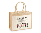 50th Birthday Gift For Women Personalised Jute Bag - Gift For Her Floral Tote Bag Gifts - Fifty 50 Wonderful Since 1975 Shopping Bag BND50T