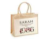 40th Birthday Gift For Women Personalised Jute Bag - Gift For Her Floral Tote Bag Gifts - Forty 40 Wonderful Since 1985 Shopping Bag BND40T