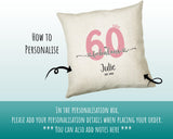 60th Birthday Gift for Women 60 and Fabulous Est 1965 Personalised Birthday Cushion Gift for Her Ladies Pink Design Mum Nanny Sixty BNH60C