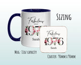 50th Birthday Gift for Women - Fabulous Since 1975 Personalised Coffee Mug Coaster Age 50 Gift for Her - Ladies Floral Design Mum BNC50M