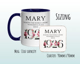 100th Birthday Gift for Women - Wonderful Since 1925 Personalised Coffee Mug Coaster 100 Gift for Her Ladies Floral Design Nan Gran BND100M
