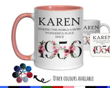 70th Birthday Gift for Women - Wonderful Since 1955 Personalised Coffee Mug Coaster Age 70 Gift for Her Ladies Floral Design Mum Nan BND70M