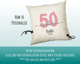 50th Birthday Gift for Women 50 and Fabulous Est 1975 Personalised Birthday Cushion Gift for Her Ladies Pink Design Mum Nanny Fifty BNH50C