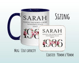 40th Birthday Gift for Women - Wonderful Since 1985 Personalised Coffee Mug Coaster Age 40 Gift for Her Ladies Floral Design Mum Nan BND40M