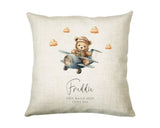 Baby Gift for New Mum - Personalised Name Cushion - Bear & Airplane Theme for Nursery SMC001