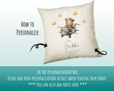 Baby Gift for New Mum - Personalised Name Cushion - Bear & Airplane Theme for Nursery SMC001