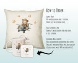 Baby Gift for New Mum - Personalised Name Cushion - Bear & Airplane Theme for Nursery SMC001