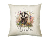 Badger Gift for Woodland Animal Lovers - Personalised Name Cushion - Watercolour Badger Theme SMC049