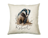 Badger Gift for Woodland Animal Lovers - Personalised Name Cushion - Watercolour Badger Theme SMC050