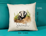 Badger Gift for Woodland Animal Lovers - Personalised Name Cushion - Watercolour Badger Theme SMC052