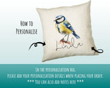 Bluetit Cushion Gift for Bird Lovers Watchers - Personalised Name Pillow - Watercolour Bluetit Theme SMC057