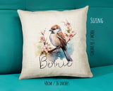 Sparrow Cushion Gift for Bird Lovers Watchers - Personalised Name Pillow - Watercolour Sparrow Theme SMC059