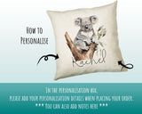 Koala Gift for Animal Lovers - Personalised Name Cushion - Watercolour Koala Bear Theme SMC060