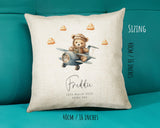 Baby Gift for New Mum - Personalised Name Cushion - Bear & Airplane Theme for Nursery SMC001