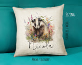 Badger Gift for Woodland Animal Lovers - Personalised Name Cushion - Watercolour Badger Theme SMC049