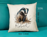 Badger Gift for Woodland Animal Lovers - Personalised Name Cushion - Watercolour Badger Theme SMC050