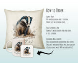 Badger Gift for Woodland Animal Lovers - Personalised Name Cushion - Watercolour Badger Theme SMC050