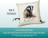 Badger Gift for Woodland Animal Lovers - Personalised Name Cushion - Watercolour Badger Theme SMC050
