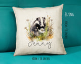 Badger Gift for Woodland Animal Lovers - Personalised Name Cushion - Watercolour Badger Theme SMC051