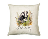 Badger Gift for Woodland Animal Lovers - Personalised Name Cushion - Watercolour Badger Theme SMC051