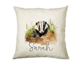 Badger Gift for Woodland Animal Lovers - Personalised Name Cushion - Watercolour Badger Theme SMC052
