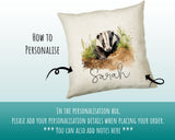 Badger Gift for Woodland Animal Lovers - Personalised Name Cushion - Watercolour Badger Theme SMC052