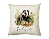 Badger Gift for Woodland Animal Lovers - Personalised Name Cushion - Watercolour Badger Theme SMC053