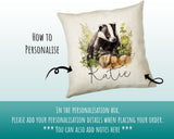 Badger Gift for Woodland Animal Lovers - Personalised Name Cushion - Watercolour Badger Theme SMC053