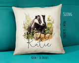 Badger Gift for Woodland Animal Lovers - Personalised Name Cushion - Watercolour Badger Theme SMC053