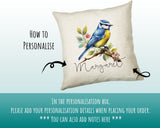 Bluetit Cushion Gift for Bird Lovers Watchers - Personalised Name Pillow - Watercolour Bluetit Theme SMC056