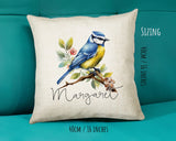 Bluetit Cushion Gift for Bird Lovers Watchers - Personalised Name Pillow - Watercolour Bluetit Theme SMC056