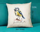 Bluetit Cushion Gift for Bird Lovers Watchers - Personalised Name Pillow - Watercolour Bluetit Theme SMC057