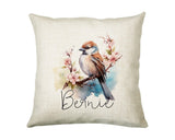 Sparrow Cushion Gift for Bird Lovers Watchers - Personalised Name Pillow - Watercolour Sparrow Theme SMC059