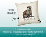 Otter Gift for Animal Lovers - Personalised Name Cushion - Watercolour Sea Otter Theme SMC062