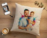 Personalised Gift for New Dad - Watercolour Ink Splash Portrait Cushion - First Father’s Day