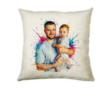 Personalised Gift for New Dad - Watercolour Ink Splash Portrait Cushion - First Father’s Day
