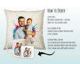 Personalised Gift for New Dad - Watercolour Ink Splash Portrait Cushion - First Father’s Day